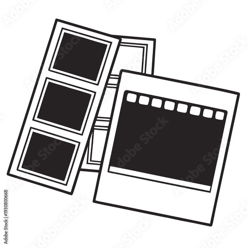 A collection of old film negatives and a developed photograph.