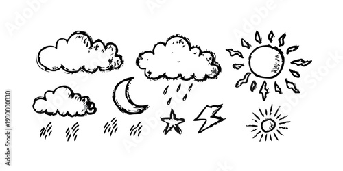 A collection of hand-drawn weather symbols and their corresponding chinese characters