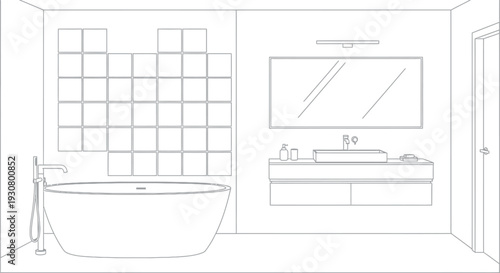 Modern luxury bathroom interior layout featuring a freestanding tub and vanity area