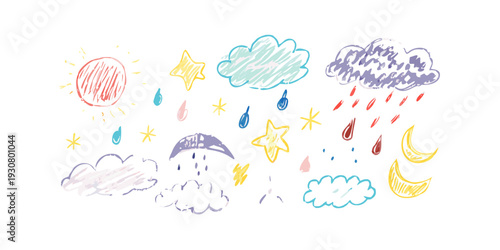 A whimsical illustration of various weather phenomena and natural elements.