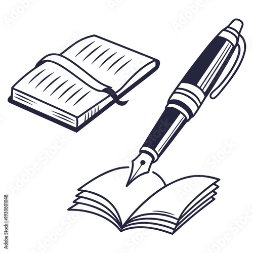 A pen resting on an open book with another book nearby, symbolizing study and writing.