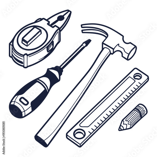 A collection of tools including a hammer, screwdriver, and measuring tape.
