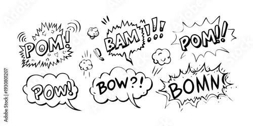 A collection of comic book sound effect words in various speech bubbles