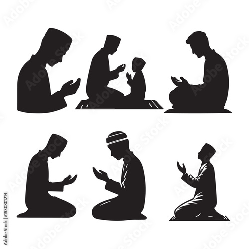 Silhouette of Muslim Men and Children Praying Namaz Vector