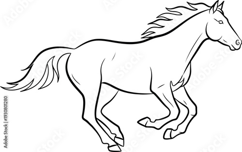 Simple black line art drawing of a majestic horse running at full gallop