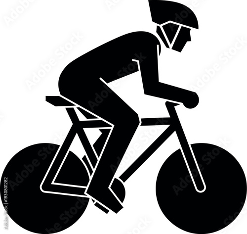 Black and white icon silhouette of a cyclist wearing a helmet riding swiftly