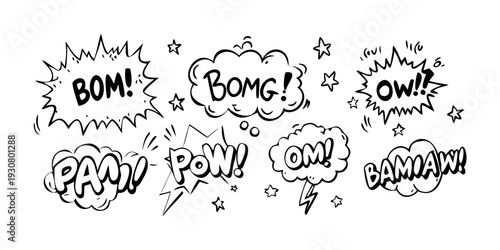 A collection of comic book sound effect words in bold, black and white font.