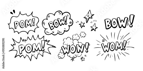 A collection of various comic book sound effect words in bold, black font.