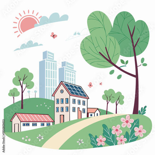 A picturesque countryside scene with a large house, lush greenery, and a clear blue sky