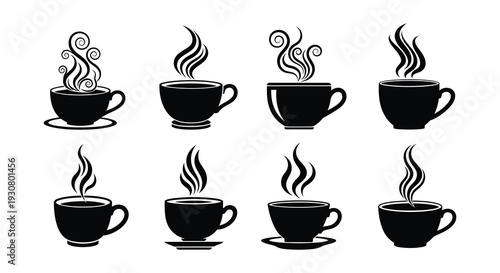 Eight black silhouettes of steaming cups of coffee or tea