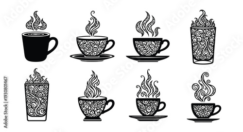 Eight black silhouettes of steaming cups of coffee or tea