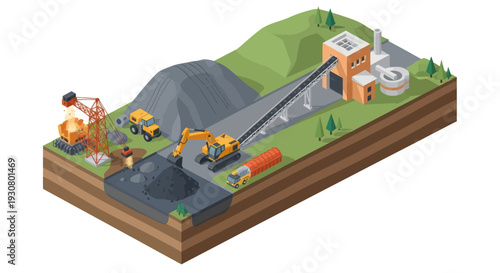 Isometric illustration of construction site with machinery and buildings.