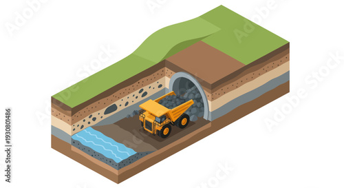 Underground tunnel construction with machinery and layered soil.