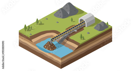 3D Isometric Illustration of a Hydroelectric Dam with Water Flowing Through the Turbines.