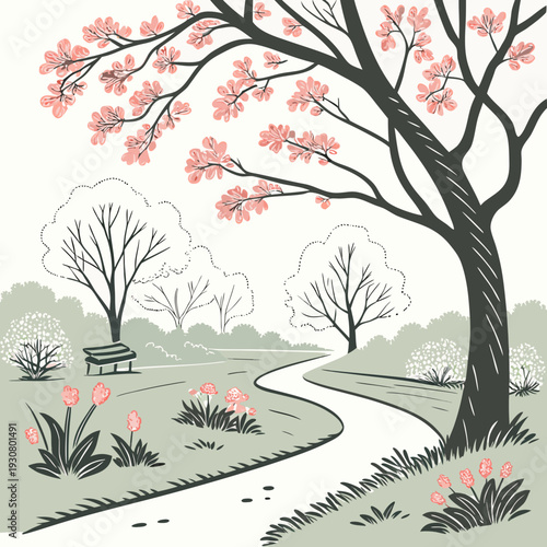 A serene path winding through a blossoming spring landscape with vibrant colors.