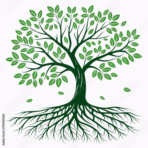 A vibrant green tree with extensive roots and branches reaching out in all directions.