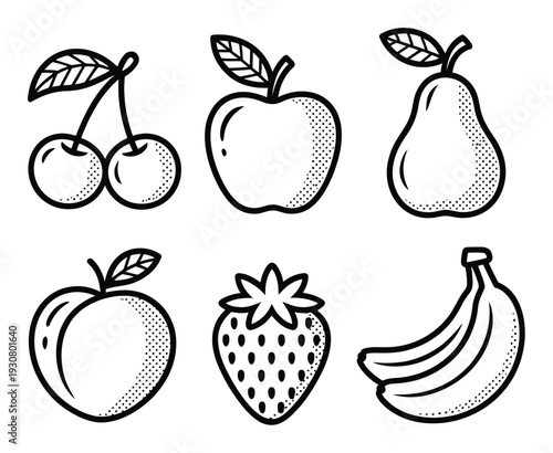 A collection of six stylized fruit in black and white
