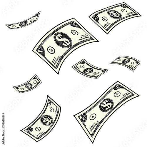 A pile of us dollar bills scattered on a white background