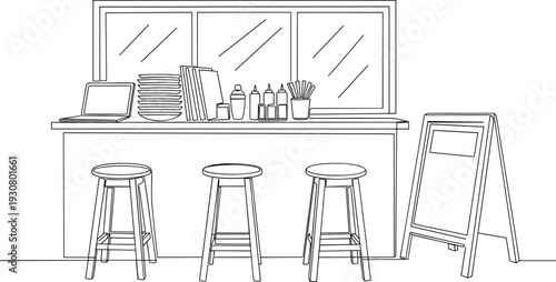Modern cafe bar interior with wooden stools laptop on counter and sandwich board sign minimalist continuous line art