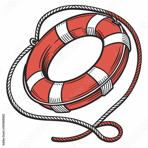 A vibrant red and white life preserver ring with a rope attached, ready for rescue.