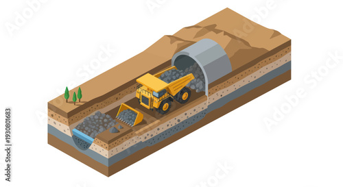 Underground tunnel construction with heavy machinery.