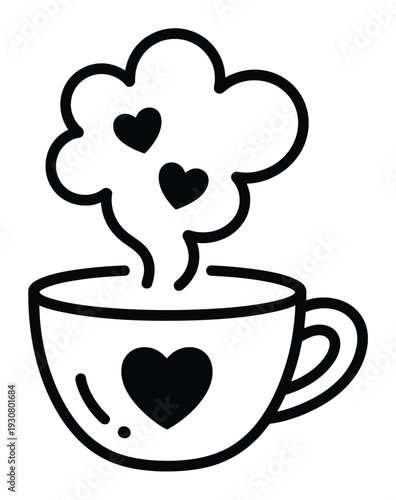A steaming cup of coffee with hearts in the steam and on the cup