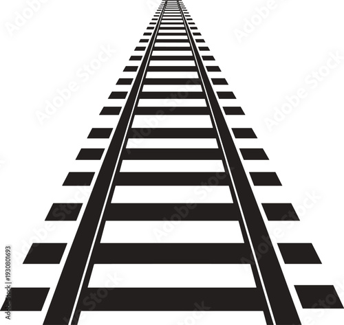 Railway track perspective silhouette, straight railroad line isolated on white background minimalist black vector illustration for transport design