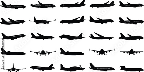 Airplane Silhouette Collection with Commercial Passenger Jets in Side Front and Landing Views Vector Illustration Set