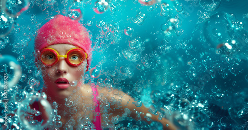 Wide-Eyed Underwater Swimmer With Pink Cap and Red Yellow Goggles Surrounded by Bubbles