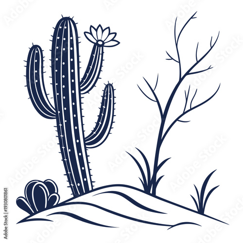 A serene desert landscape with a prominent cactus and a blooming flower.