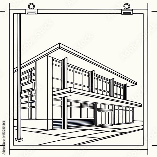 A detailed sketch of a modern multi-story building with large windows and a flat roof.