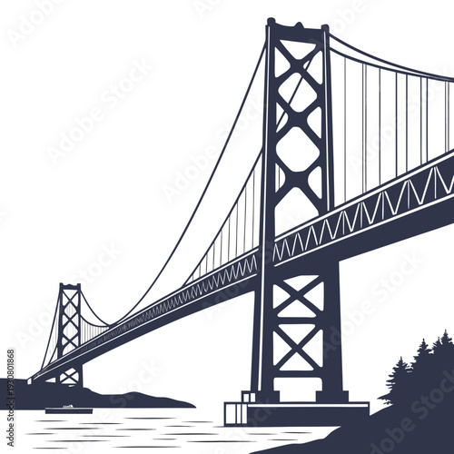 A detailed illustration of the iconic golden gate bridge spanning a calm body of water