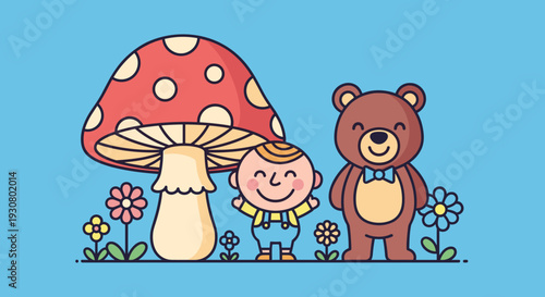 Cartoon bear and girl near mushroom.