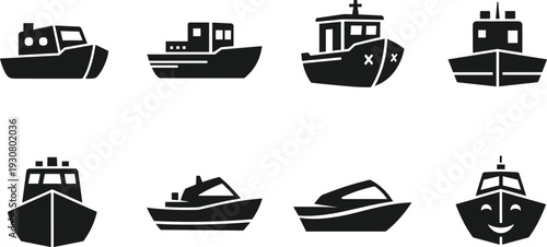 Boat and Ship Silhouette Icon Collection with Fishing Rescue and Passenger Vessels Black Vector Set