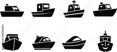 Boat Silhouette Icon Set with Fishing Medical and Passenger Vessels Black Vector Collection Isolated on White
