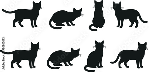 Cat Silhouette Collection with Sitting and Walking Poses Isolated on White Background Pet Animal Vector Illustration