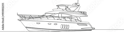 Luxury motor yacht sailing on ocean waves for summer vacation and marine travel minimalist continuous line art.