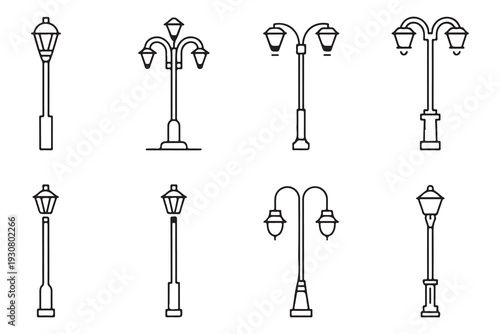 Victorian street lamp line icons set featuring single and triple lantern designs for classic city aesthetics
