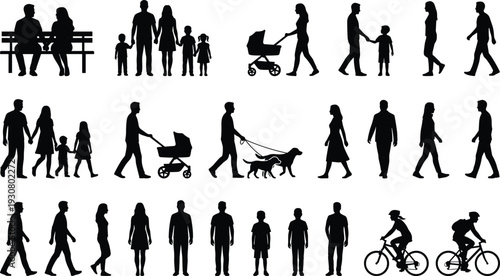 Family and People Silhouette Collection Walking Standing Cycling and Daily Life Activities Black Vector Set Isolated on White Background