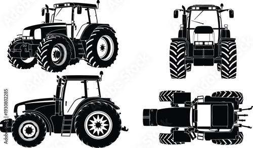 Farm Tractor Detailed Vector Illustration with Front Side and Top Views Agricultural Machinery Isolated on White Background