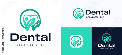 Creative circular dental care with leaf and water drops for medical clinic, Logo icon design vector illustration template, Symbol toothed leaves for dentist health, holistic and brand identity