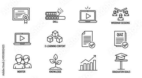 Set of line art icons for e-learning, online education, and academic achievement, skill development, mentoring, and graduation symbols, isolated white background