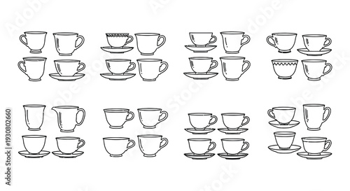 Collection of hand drawn teacups cups and a creamer on white background