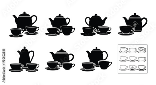 Collection of hand drawn teacups cups and a creamer on white background