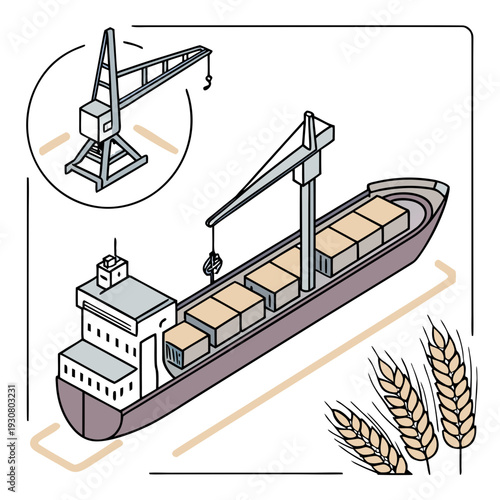 Cargo ship with crane and grain cargo wheat shipping vessel