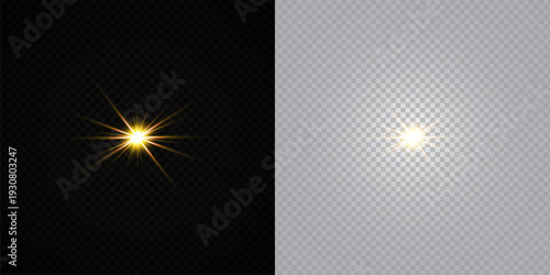 Glowing Golden Star Light Effect with Sparkle Rays and Lens Flare Illumination on Transparent Background