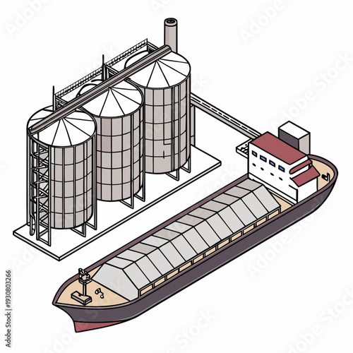 Isometric grain cargo carrier unloading at silo complex
