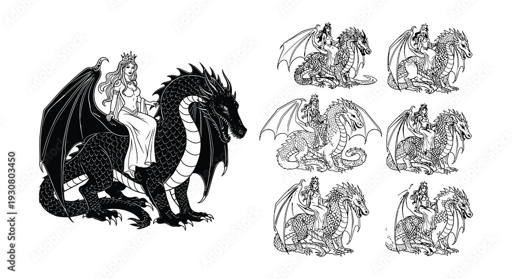 Fototapeta premium Line art illustration of various dragons and winged creatures with riders