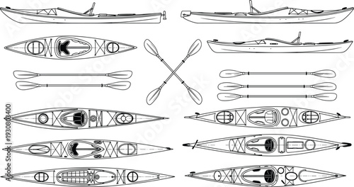 Kayak Blueprint Collection with Top Side Views Crossed Paddles and Detailed Technical Line Art Vector Illustration