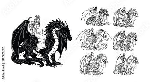 Line art illustration of various dragons and winged creatures with riders